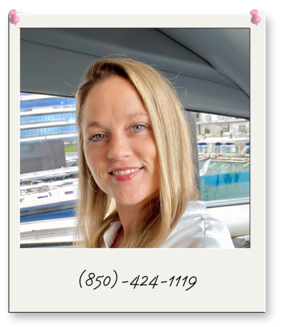 Woman in a vehicle with marina background, polaroid-style.